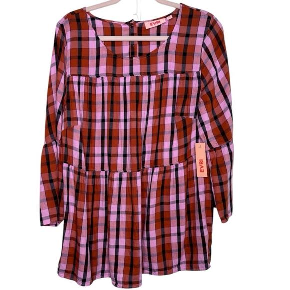 EVRI Plaid Plus Size Bell Sleeve Tiered Blouse Top Size 0X NWT - Picture 2 of 8